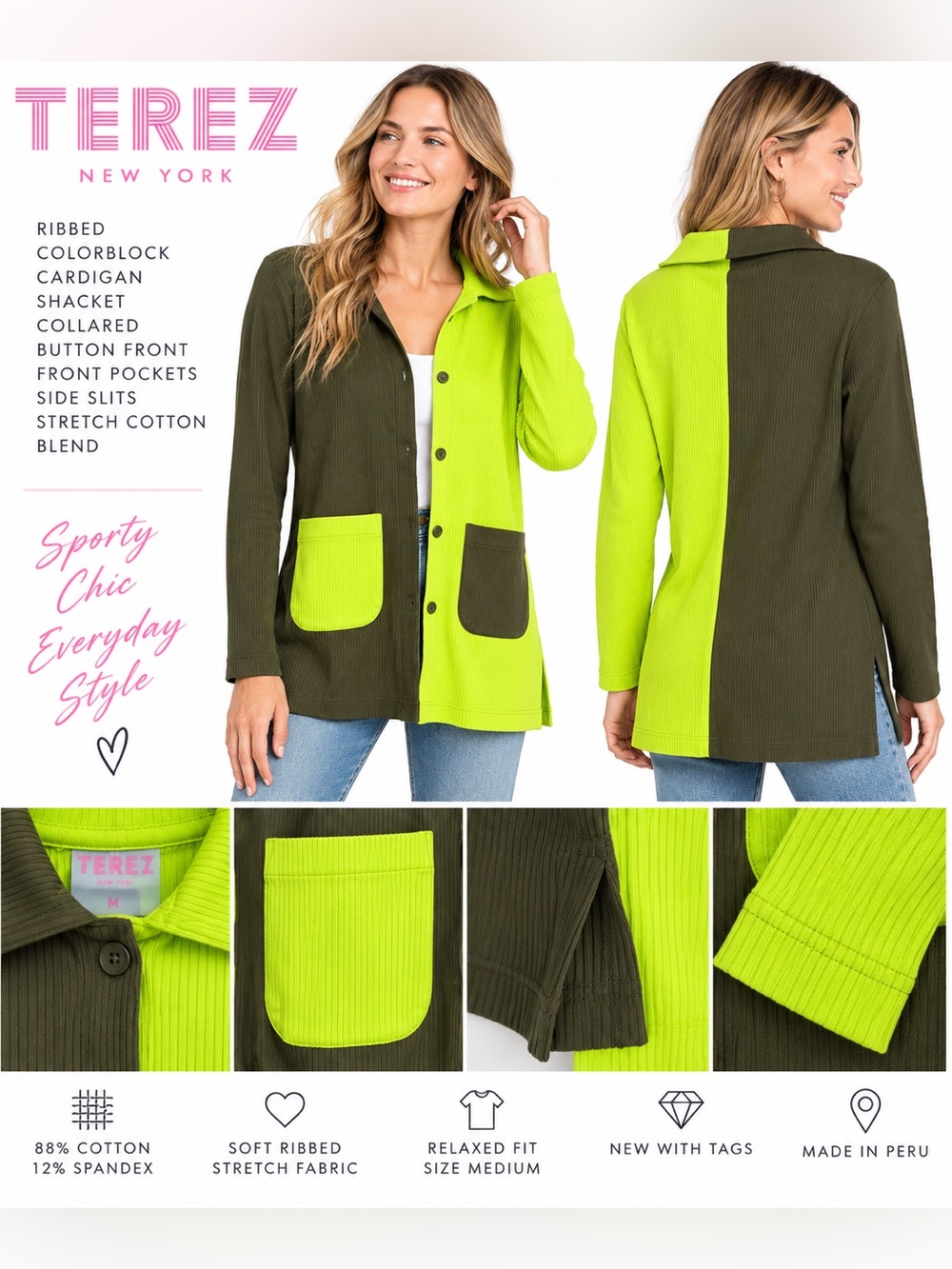 Terez Colorblock Ribbed Long Sleeve Cardigan Sweater Jacket - Neon Olive Green
